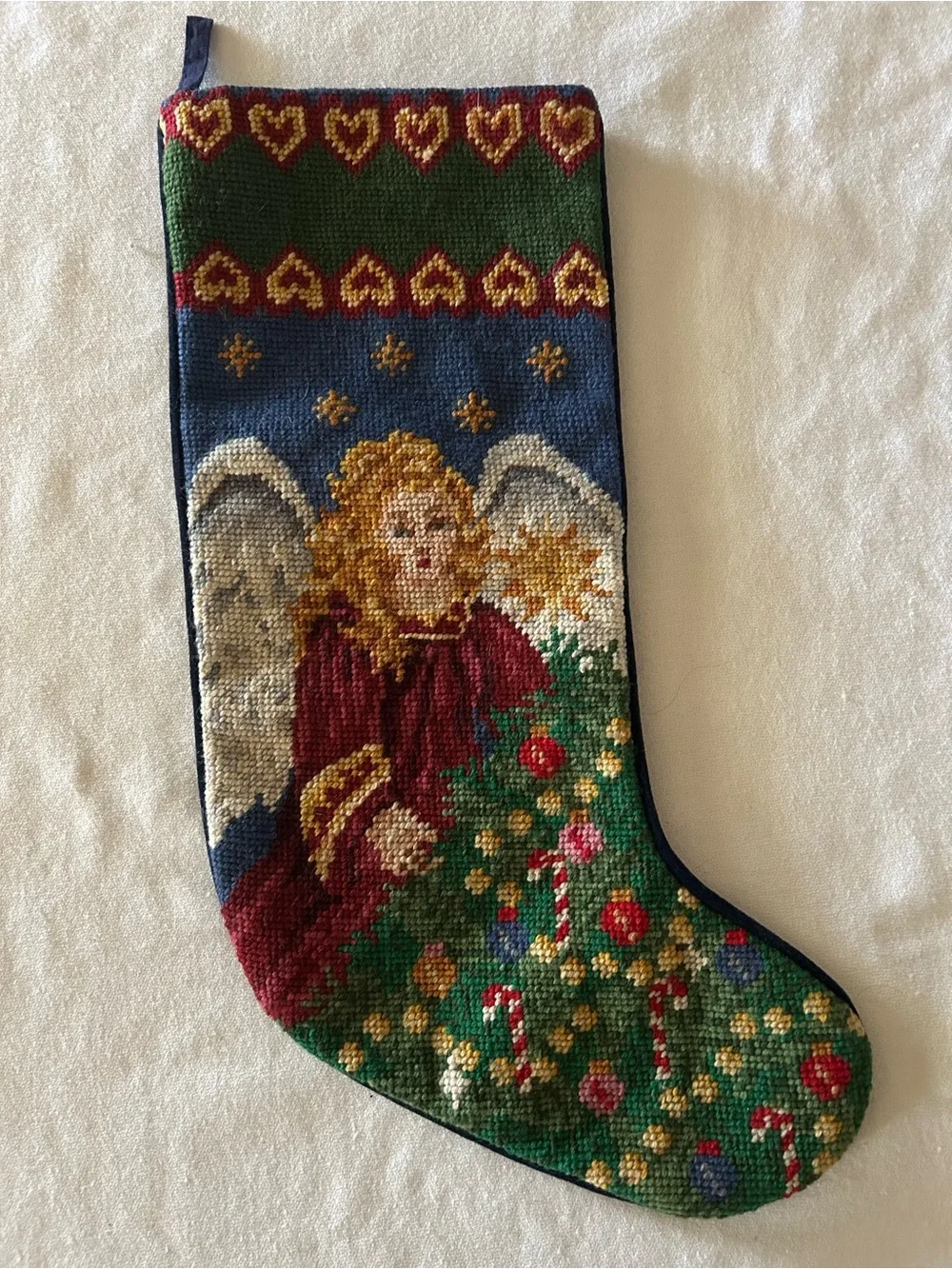 Vintage Needlepoint Angel & Hearts Christmas Stocking Navy Velvet Back